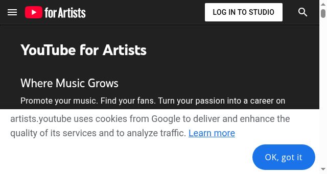 Screenshot of artists.youtube
