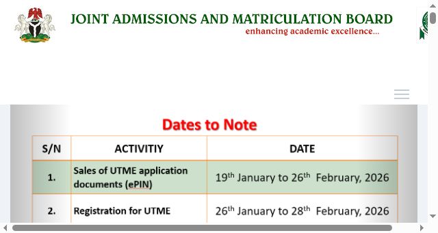 Screenshot of jamb.gov.ng