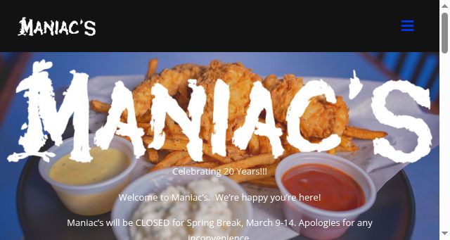 Screenshot of maniacsrestaurant.com