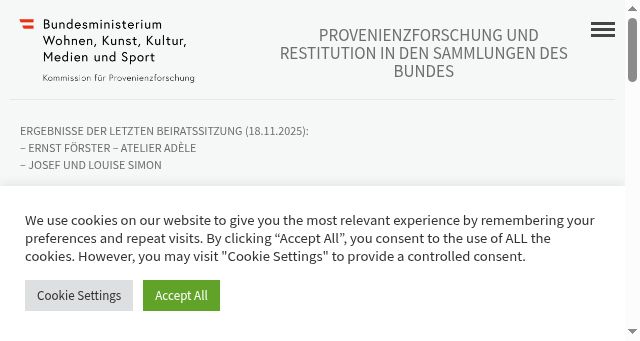 Screenshot of provenienzforschung.gv.at