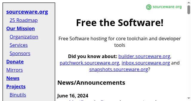 Screenshot of sourceware.org